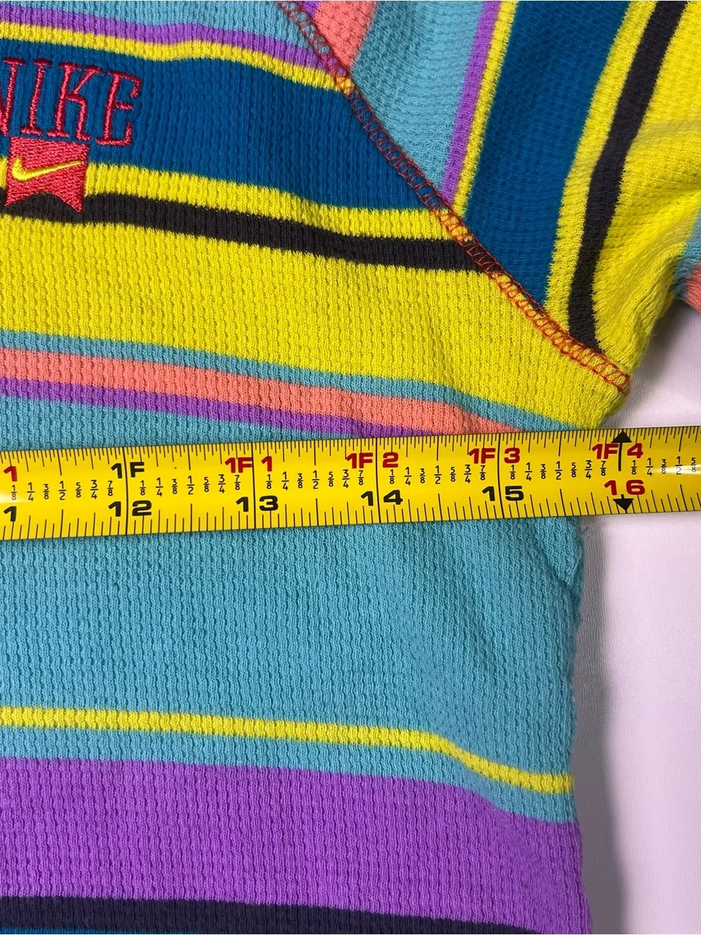 VTG Nike Y2K Neon Striped Waffle Knit Thermal Hoodie Pullover Girls L Women XS/S
